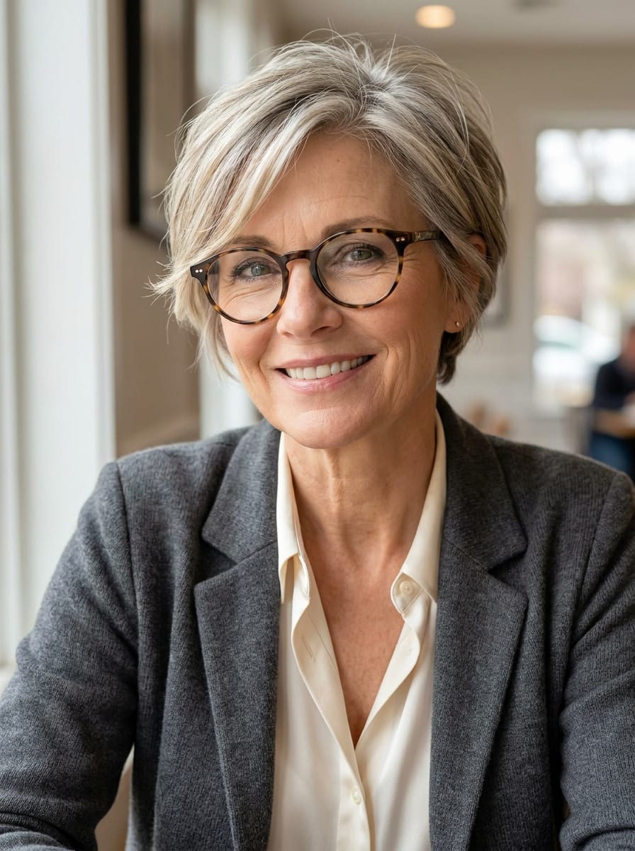 Kurzhaarfrisur mit Brille ab 50 - Kurzhaarfrisur mit Brille